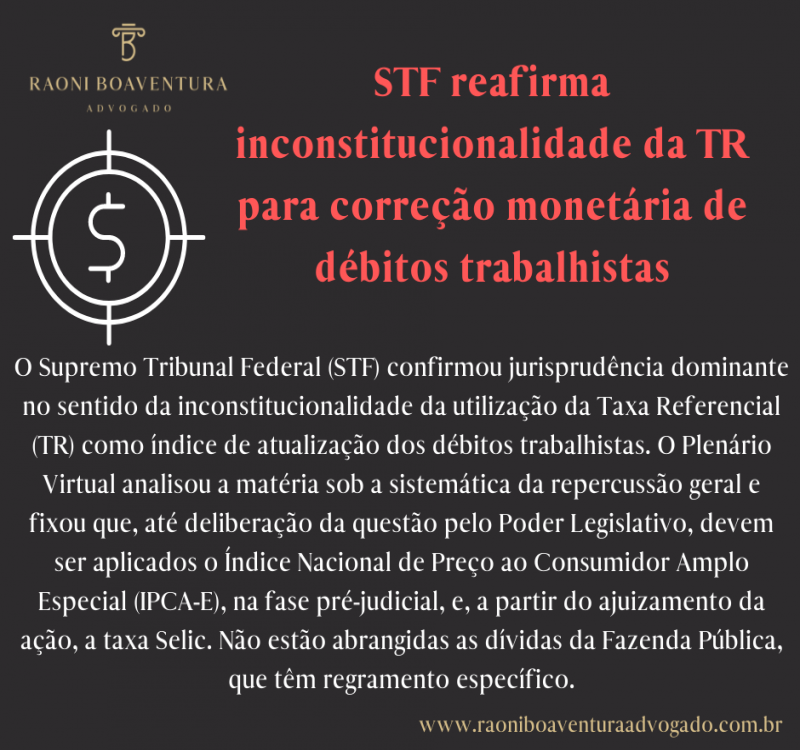 STF reafirma inconstitucionalidade da TR para correção monetária de débitos trabalhistas